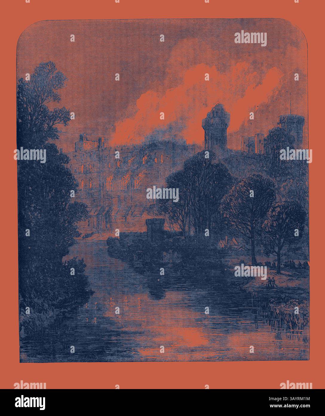Un paesaggio sereno caratterizzato da un fiume che riflette il bagliore di un fuoco lontano, con rovine e alberi che incombono sulla scena sotto un cielo spettacolare. The Burning of Warwick Castle 1871 arte classica con un tocco moderno reinventata da Artotop Foto Stock