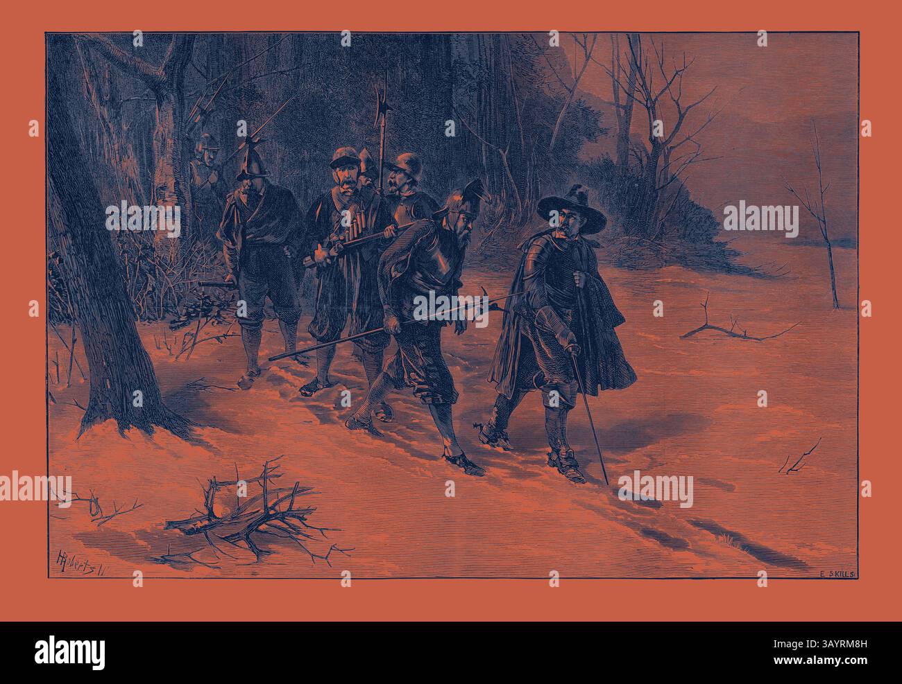 Un gruppo di figure storiche, vestite con abiti d'epoca, naviga attraverso un paesaggio innevato, le loro espressioni sono focalizzate e determinate mentre si muovono con attenzione in mezzo a uno sfondo boscoso. On the Track, 1871 arte classica con un tocco moderno reinventata da Artotop Foto Stock