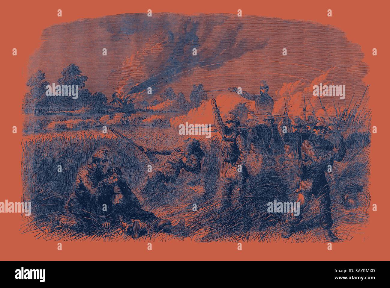 Una caotica scena sul campo di battaglia in cui i soldati prendono copertura e si impegnano in combattimenti, circondati da fumo e distruzione, che mostra l'intensità della guerra. The Civil War in America: Fight at Hainsville on the Upper Potomac Advance of the Wisconsin Men (Federalists) in posizione secessionista Arte classica con un tocco moderno reinventato da Artotop Foto Stock