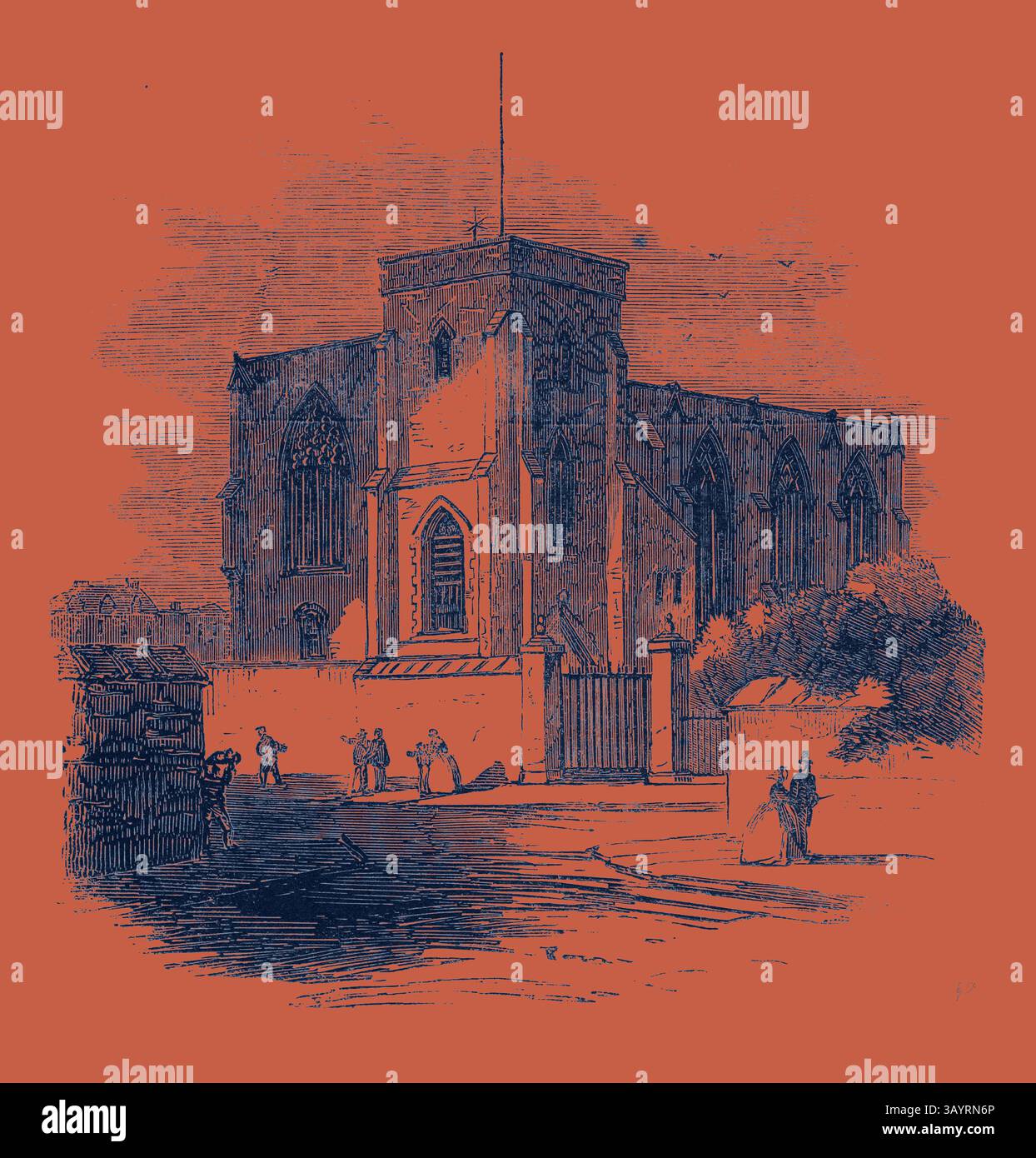 Una chiesa storica si erge in modo prominente con intricati dettagli architettonici, circondata da un paesaggio sereno. Le persone passeggiano nelle vicinanze, aggiungendo un senso di vita e di attività alla scena. Il Townhall dover è un'arte classica della Maison Dieu con un tocco moderno reinventato da Artotop Foto Stock