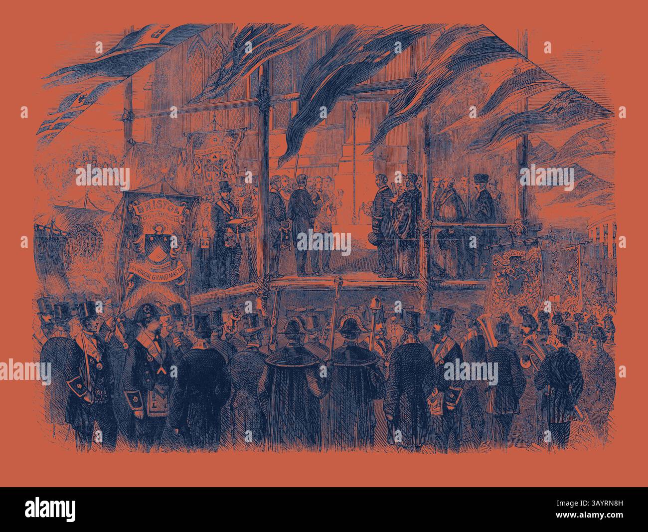 Un incontro cerimoniale con dignitari e osservatori, ambientato su uno sfondo di bandiere e bandiere, che riflette un evento significativo segnato dalla solennità e dalla tradizione. Restauro della chiesa di St. Mary Redcliff. Bristol: Collocazione dell'ultima pietra all'angolo nord-est della Lady Chapel con arte classica del rito massonico con un tocco moderno reinventato da Artotop Foto Stock