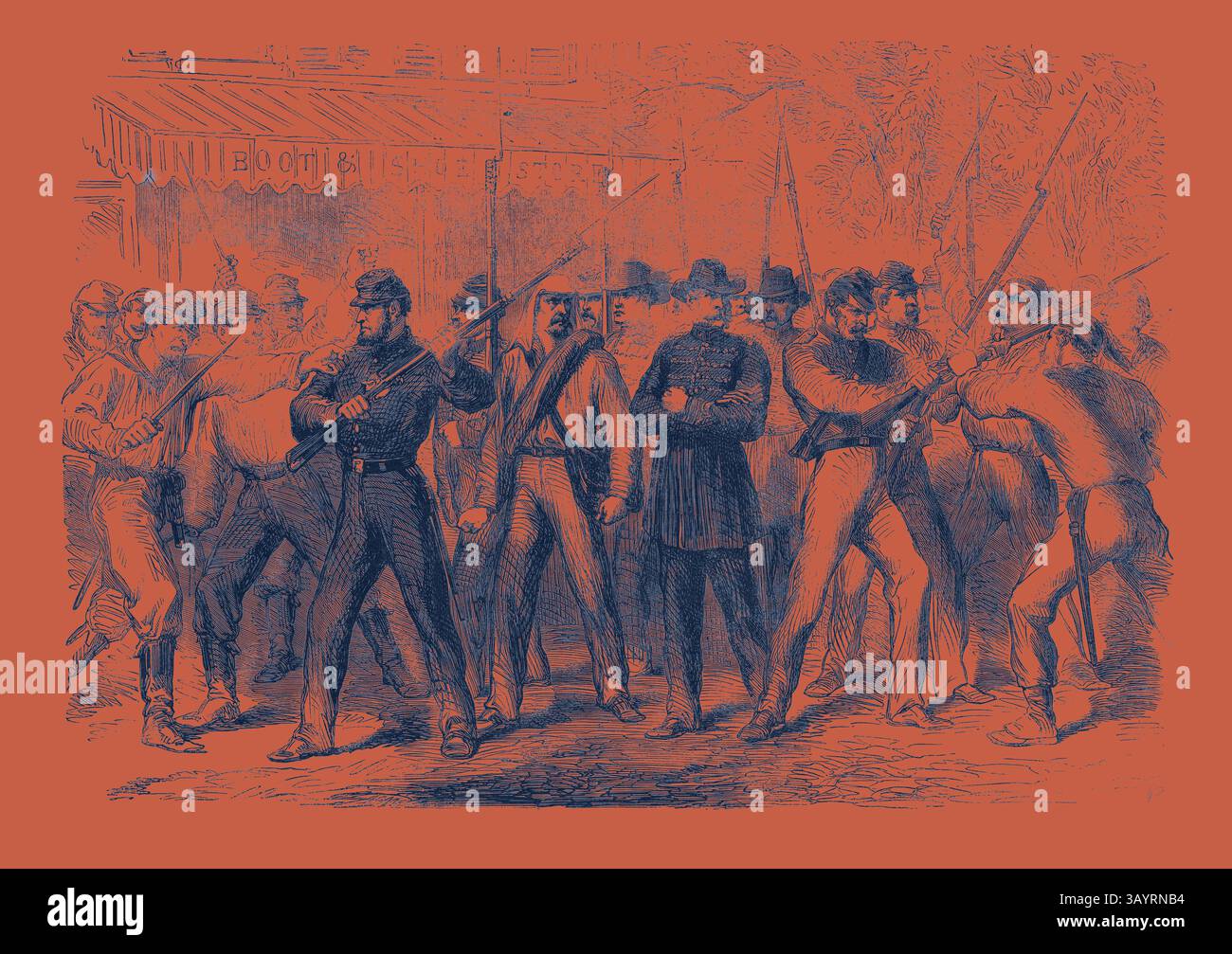 Una tesa situazione di stallo si sviluppa tra figure armate in mezzo a uno sfondo di disordini, evidenziando lo scontro tra gruppi opposti. La scena cattura l'intensità del conflitto e la determinazione sui volti degli individui coinvolti. The War in America: Le truppe dell'Unione attaccano i prigionieri confederati per le strade dell'arte classica di Washington con un tocco moderno reinventato da Artotop Foto Stock