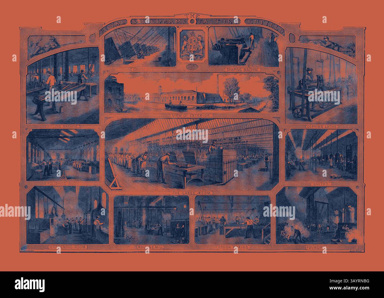 Un'illustrazione dettagliata che cattura varie scene di un ambiente di produzione o industriale, mostrando i lavoratori impegnati in attività in diversi reparti, tra cui il funzionamento dei macchinari, l'assemblaggio e i processi di produzione. Ogni vignetta evidenzia i diversi ruoli e le attività che contribuiscono alle operazioni complessive della struttura. Royal Small Arms Factory Enfield arte classica con un tocco moderno reinventata da Artotop Foto Stock