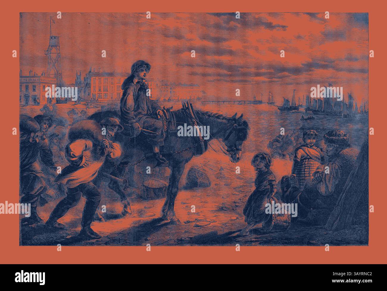 Una vivace scena costiera raffigura un gruppo di figure impegnate in varie attività. Un individuo montato esamina l'ambiente circostante mentre altri si riuniscono nelle vicinanze, mostrando elementi della vita quotidiana e dell'interazione lungo il bordo dell'acqua. Sullo sfondo, le navi riposano nel porto, e gli edifici si stagliano sotto un cielo drammatico, aggiungendo all'atmosfera del porto. Al mattino presto a Yarmouth arrivo delle prime barche da aringa della stagione classica con un tocco moderno reinventato da Artotop Foto Stock