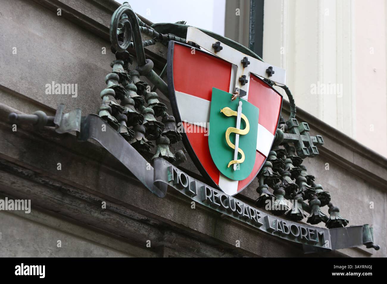 UTRECHT - lo stemma del cardinale Wim Eijk sopra la porta del Palazzo arcivescovile di Maliebaan. Il suo motto è Noli recusare laborem ("non rifiutare il lavoro"). Queste sono parole pronunciate da San Martino, santo patrono delle città di Groninga e Utrecht. ANP RAMON MANGOLD netherlands Out - belgio Out Foto Stock