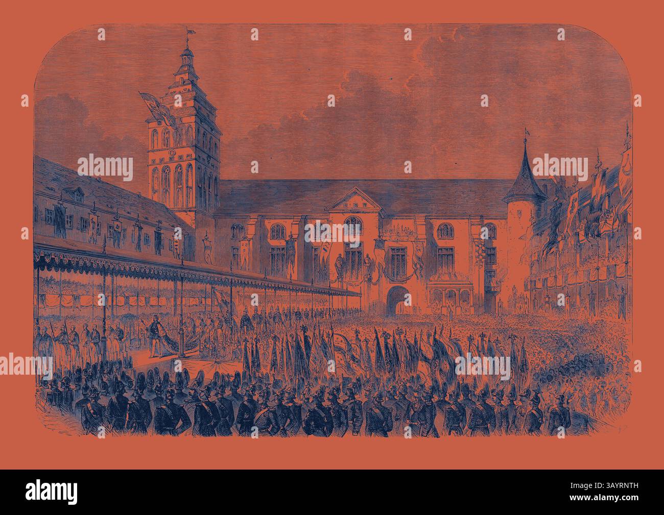 Una grande folla si riunisce in un ambiente storico ornato da striscioni e bandiere, mentre le figure su una piattaforma rialzata si rivolgono all'assemblea. Lo sfondo presenta un'architettura elegante, che dona alla scena un'aria di cerimonia e significato. L'incoronazione del re e della regina di Prussia: La Processione dalla chiesa del castello Königsberg dopo l'Incoronazione arte classica con un tocco moderno reimmaginato da Artotop Foto Stock