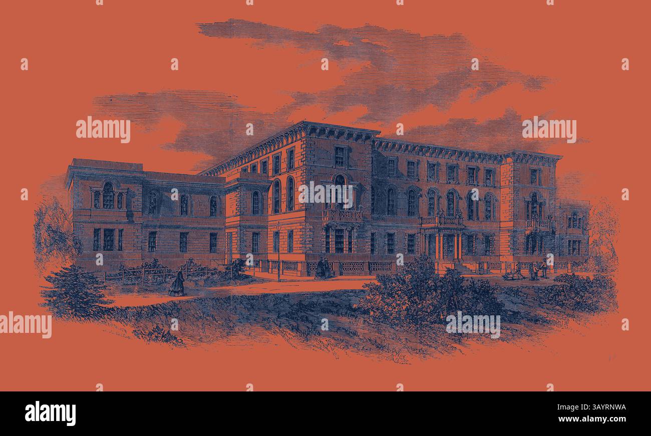 Un'intricata illustrazione architettonica dettagliata di un grande edificio storico, che mostra elaborati disegni della facciata, grandi finestre e elementi paesaggistici circostanti, che accennano ad una ricca storia e ad uno stile elegante. Scuola di lavoro orfana Haverstock Hill arte classica con un tocco moderno reinventata da Artotop Foto Stock