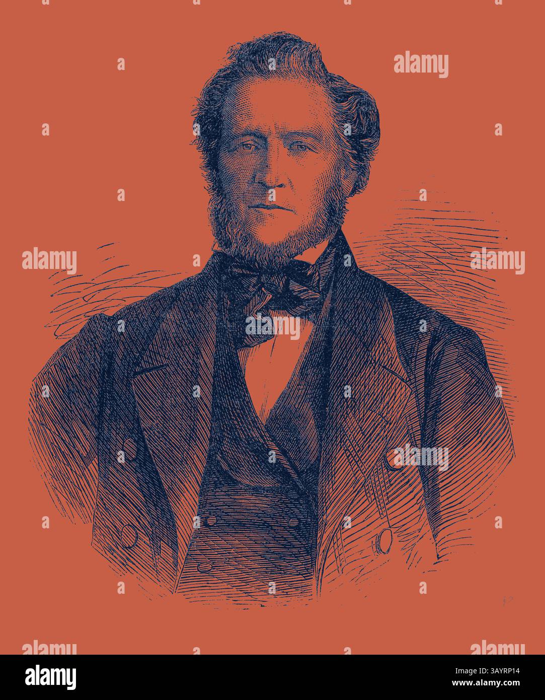 Un distinto gentiluomo in un abbigliamento formale, caratterizzato da un gilet e un cravatta, trasuda fiducia con una barba ben curata e un'acconciatura sorprendente. La sua espressione trasmette serietà e dignità, in un contesto audace e contrastante. Brigham Young Presidente e Capo Profeta della Chiesa mormone arte classica con un tocco moderno reinventato da Artotop Foto Stock