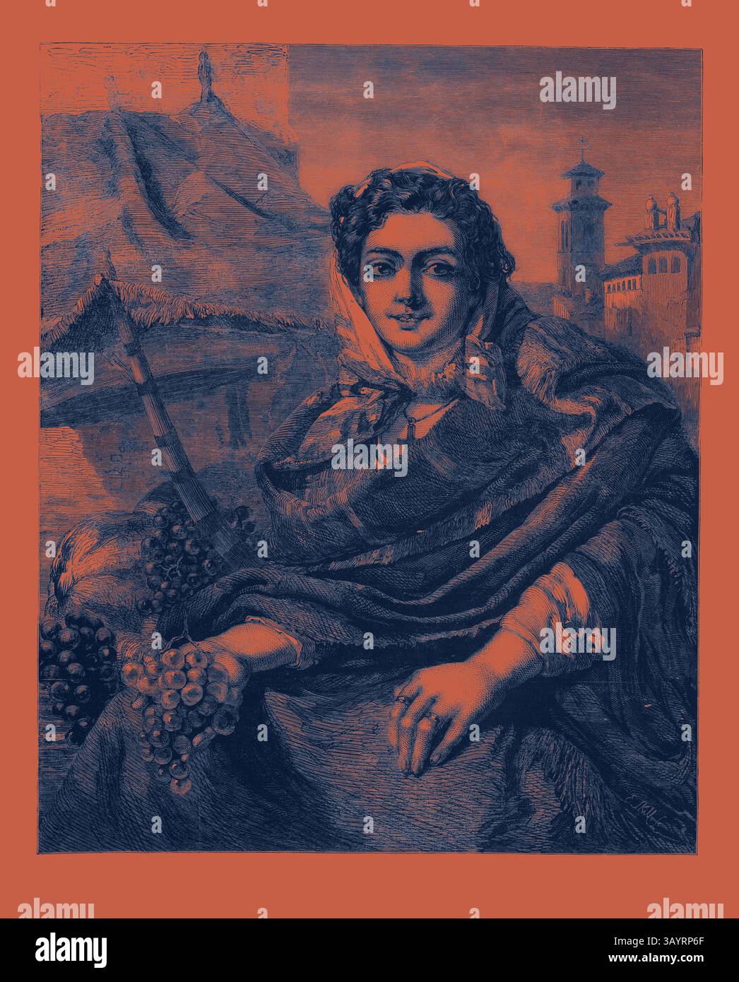 Una donna elegantemente drappeggiata in abiti tradizionali regge un mucchio d'uva, seduta su uno sfondo che suggerisce un paesaggio urbano, trasuda grazia e slancio. The Grapeseller, nella Collezione Mr. Flatou's Classic art con un tocco moderno reinventato da Artotop Foto Stock