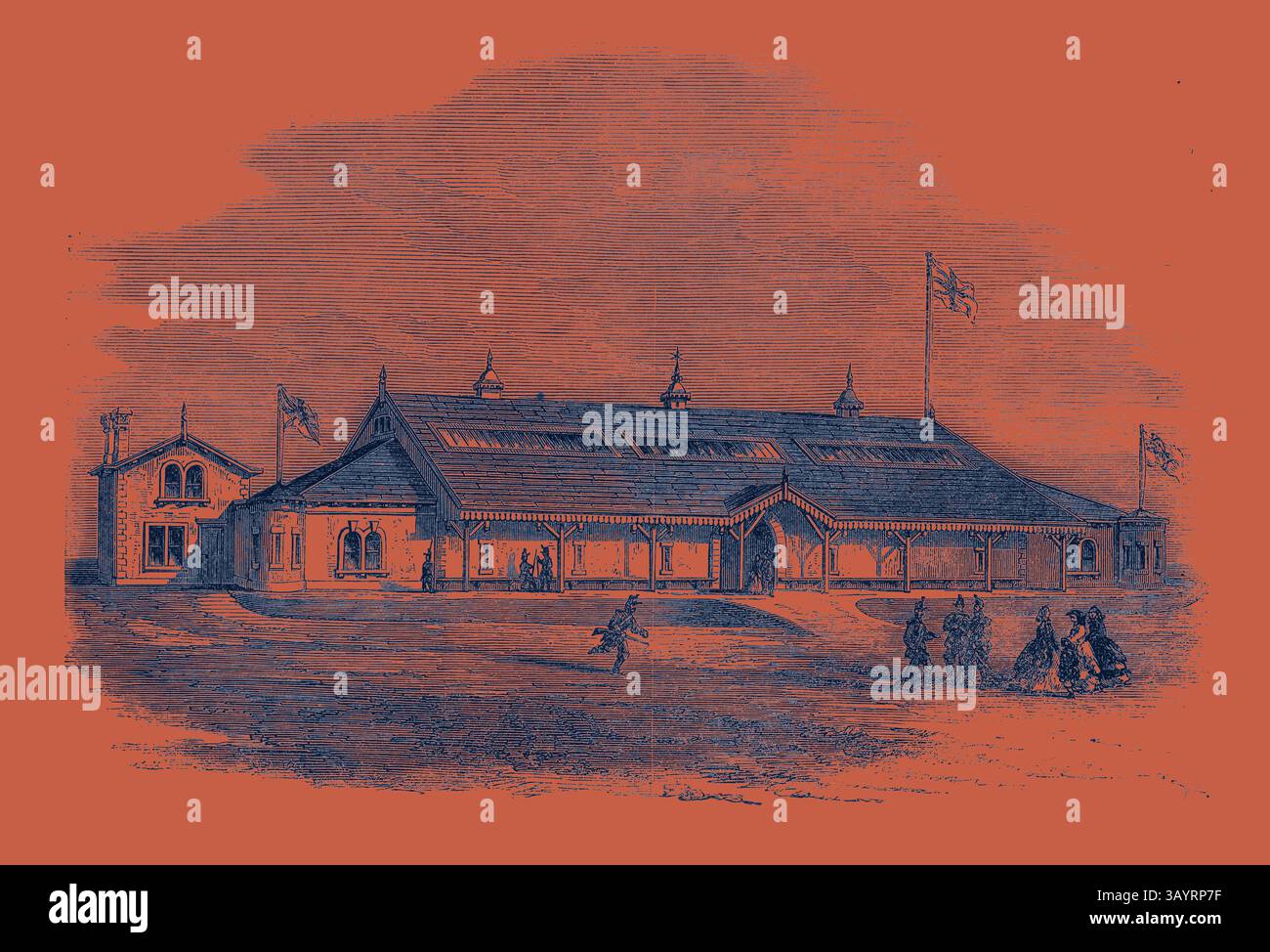 Un edificio storico che mostra dettagli architettonici ornati, fiancheggiato da bandiere e circondato da persone che passeggiano lungo un sentiero. La struttura presenta grandi finestre e un caratteristico tetto a timpano, suggerendo il suo significato come luogo di ritrovo. Armoury and Drillroom a Bradford per il terzo West York Rifle Volunteers Classic art con un tocco moderno reinventato da Artotop Foto Stock