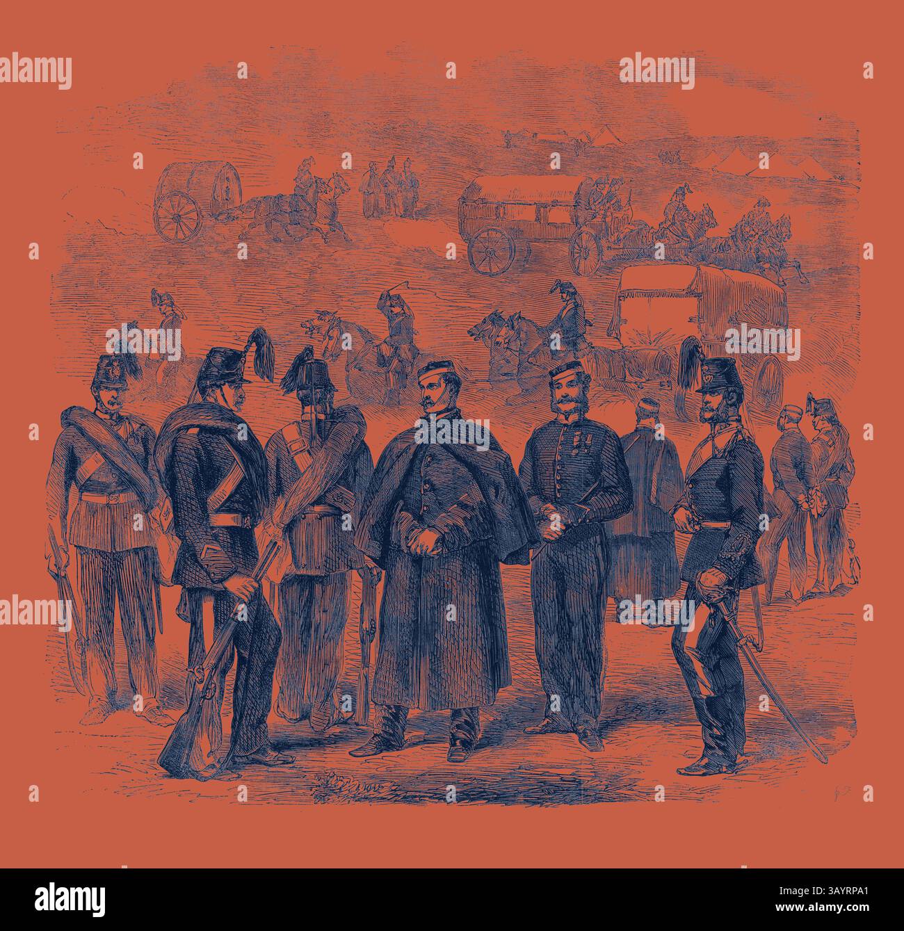 Un gruppo di ufficiali militari, vestiti con uniformi d'epoca, si impegnano in una conversazione tra uno sfondo di tende e carri trainati da cavalli, suggerendo un incontro strategico durante un conflitto storico. Rinforzi per il Canada: L'arte del Military Train Classic con un tocco moderno reinventata da Artotop Foto Stock