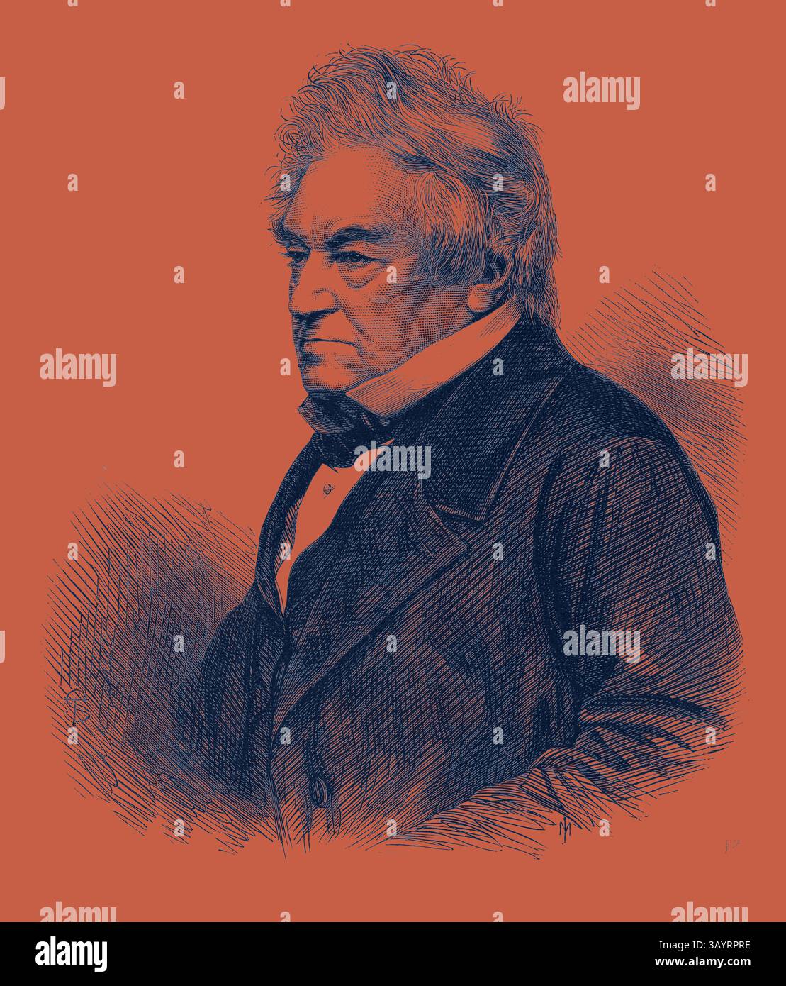 Un ritratto dignitoso di un uomo con un'acconciatura prominente e un cappotto formale, che trasuda un'aria di saggezza e serietà. La sua espressione è premurosa, mentre guarda di lato, suggerendo una profondità di carattere ed esperienza. Lord Wensleydale 1868 arte classica con un tocco moderno reinventata da Artotop Foto Stock