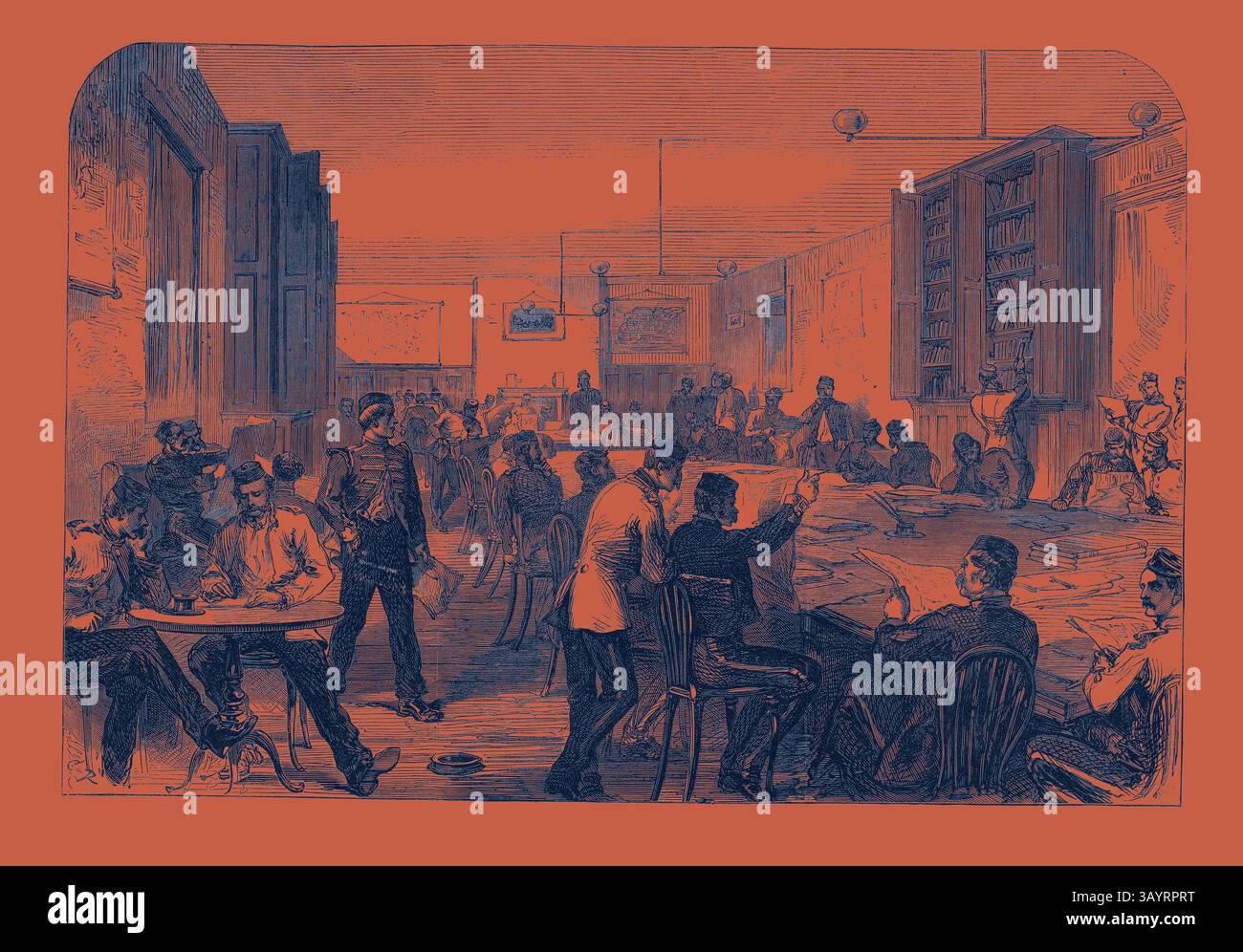 Un vivace ritrovo in una sala spaziosa, dove gruppi di persone si impegnano in conversazioni, studiano mappe e si divertono ai tavoli, creando un'atmosfera vivace piena di cameratismo e scopo. Il campo di Aldershott: Sala di lettura dei soldati 1868 arte classica con un tocco moderno reinventata da Artotop Foto Stock