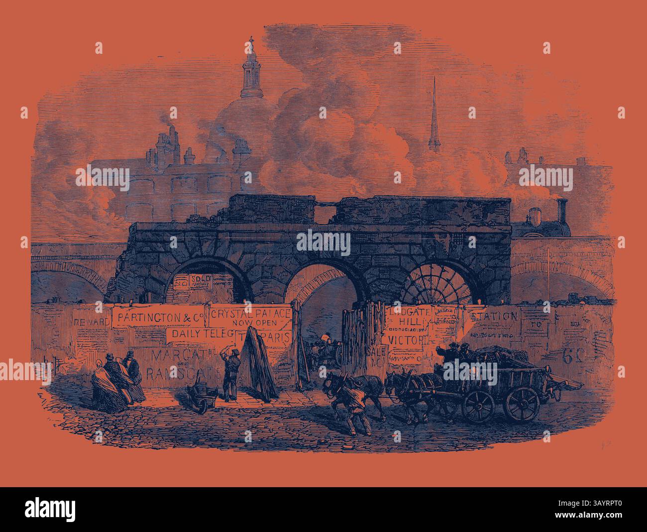 Una vivace scena urbana caratterizzata da un grande arco decorato, con persone impegnate in varie attività nelle vicinanze. Cartelli e pubblicità sono intonacati sulle pareti, a indicare la presenza di imprese e notizie da luoghi lontani. Le carrozze trainate da cavalli attraversano le strade, aggiungendo un senso di movimento e di vita all'ambientazione storica. Il fumo sale sullo sfondo, accennando all'atmosfera industriale dell'epoca. The Last of the Old Fleet Prison 1868 arte classica con un tocco moderno reinventata da Artotop Foto Stock