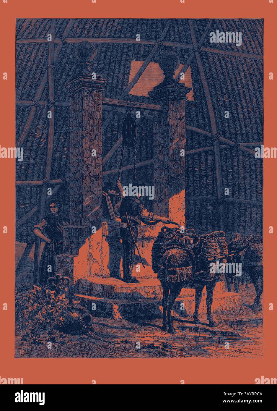 Una scena storica che raffigura un laboratorio di fabbro, con un fabbro al lavoro, circondato da strumenti e materiali, mentre i cavalli sono sellati nelle vicinanze. L'atmosfera cattura l'essenza dell'artigianato e dell'operosità, con figure che si impegnano in vari compiti in un ambiente rustico. I vettori d'acqua nel pozzo dell'Alhambra in Spagna, nella General Water Colour Exhibition 1868 arte classica con un tocco moderno reinventata da Artotop Foto Stock