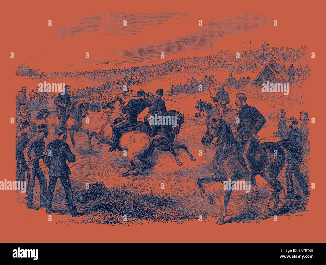 Una scena storica raffigura un confronto di cavalleria a cavallo, con soldati e spettatori che osservano da vicino l'azione in un paesaggio rurale. L'atmosfera è tesa, mettendo in risalto il dramma dell'incontro tra colline e tende. Torneo del 17° Lancieri nel campo di Shorncliffe 1868 arte classica con un tocco moderno reinventato da Artotop Foto Stock