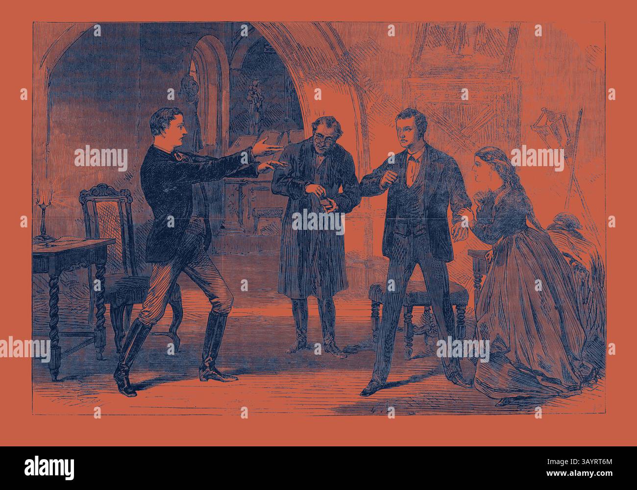 Una scena che raffigura un momento drammatico in un salotto vecchio stile, dove un uomo gesta con passione come se avesse fatto un punto importante, mentre altri due uomini ascoltano attentamente. Una donna si siede nelle vicinanze, osservando l'interazione con un'espressione premurosa, contribuendo alla tensione della scena. Scena da No Pulighfare all'Adelphi Theatre 1868 Arte classica con un tocco moderno reinventato da Artotop Foto Stock
