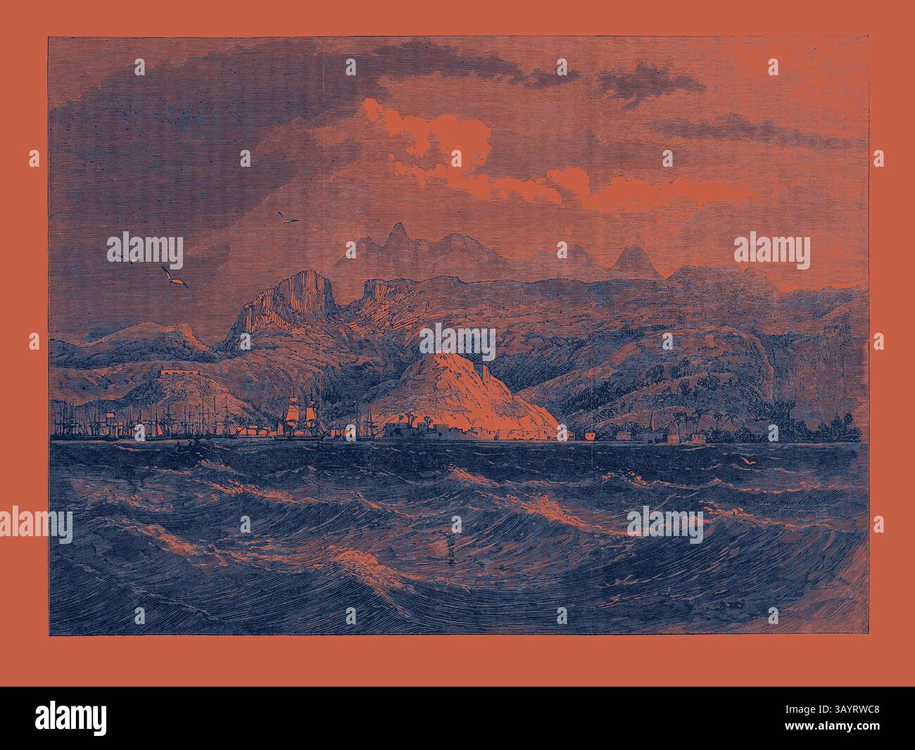 Un tranquillo paesaggio costiero caratterizzato da onde ondulate, montagne lontane e una pittoresca cittadina annidata lungo la riva, il tutto adagiato contro un cielo spettacolare. Port Louis Mauritius 1868 Arte classica con un tocco moderno reinventata da Artotop Foto Stock