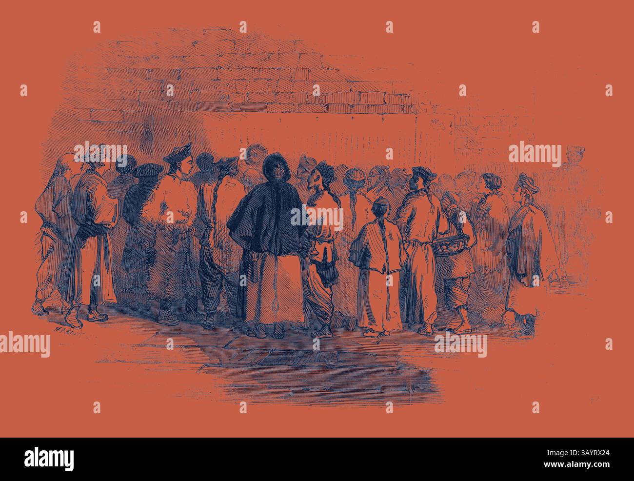 Un raduno di persone vestite con abiti tradizionali, impegnate nella conversazione, ambientate su uno sfondo testurizzato che mette in risalto le loro espressioni e interazioni. La pace con la Cina leggendo il trattato all'arte classica di Pekin con un tocco moderno reinventato da Artotop Foto Stock