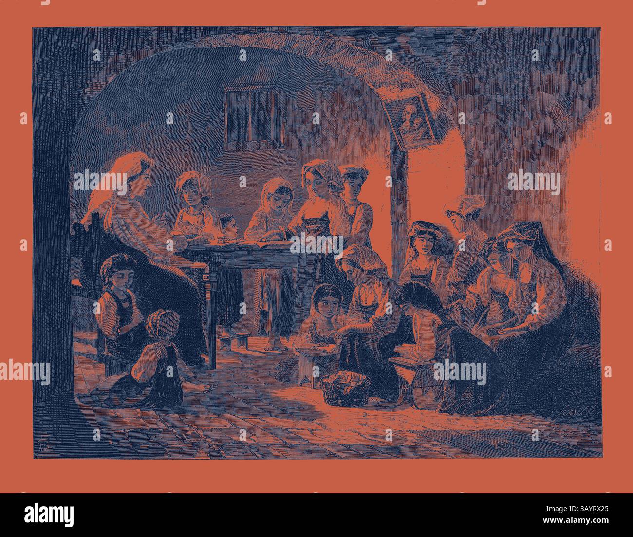 Un gruppo di donne e bambini si riuniscono intorno a un tavolo in una stanza poco illuminata, impegnati in conversazioni e attività. L'anziano siede in primo piano, condividendo una storia o una saggezza, mentre gli altri ascoltano attentamente. La scena cattura un senso di comunità e legami familiari, mettendo in risalto il calore dei momenti condivisi. Una scuola femminile sulle montagne Abruzzi, nella Liverpool Academy Exhibition arte classica con un tocco moderno reinventata da Artotop Foto Stock