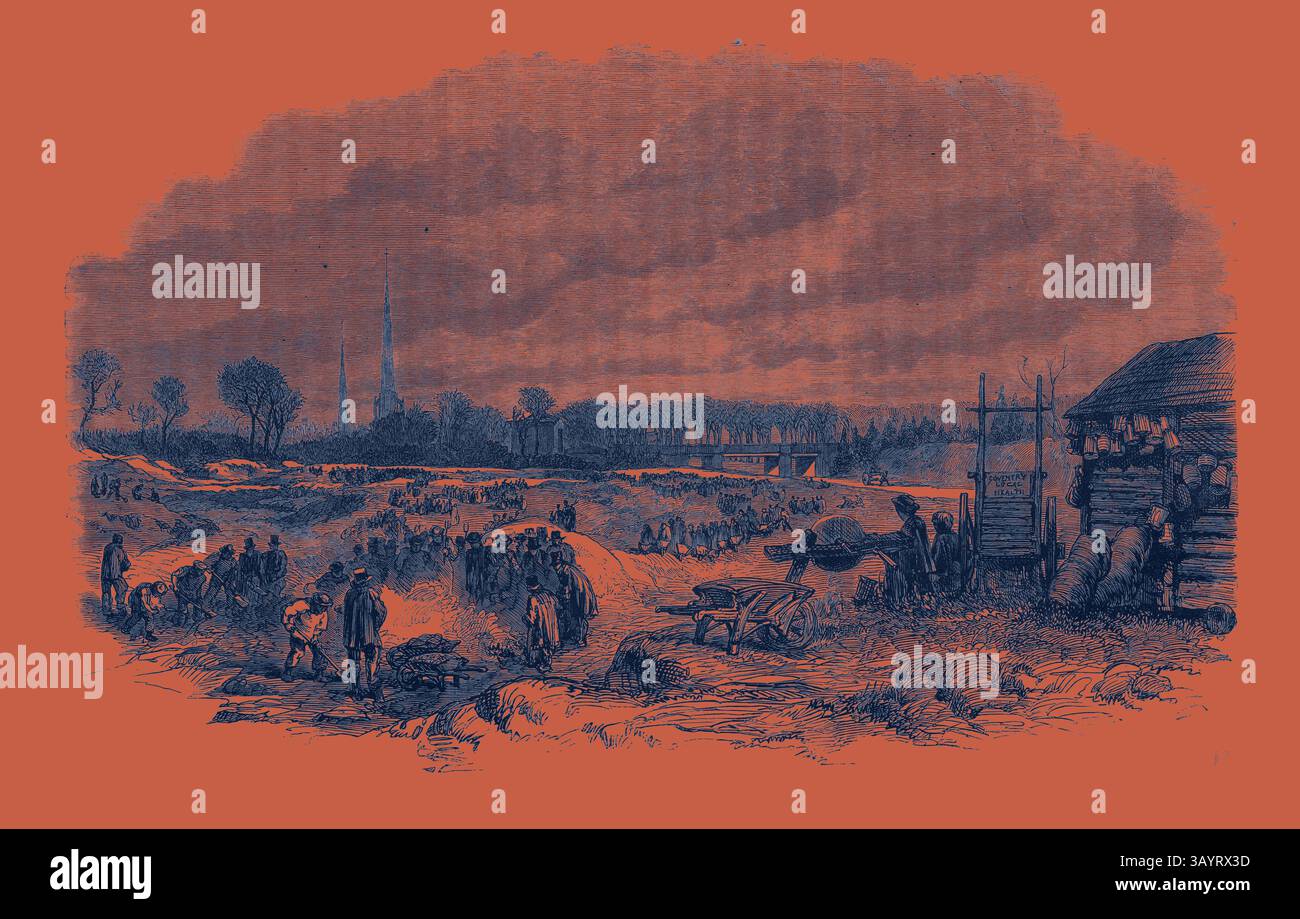 Si sviluppa un paesaggio rustico, caratterizzato da un'intensa scena di individui impegnati in varie attività in mezzo alla natura. Sullo sfondo, strutture torreggianti si innalzano contro un cielo nuvoloso, mentre nelle vicinanze un edificio in legno e strumenti agricoli suggeriscono lo spirito industrioso di una comunità rurale. The Distress at Coventry Weavers impiegato in Levelling Witley Common e Burning the Gorse 1861 Classic art con un tocco moderno reinventato da Artotop Foto Stock