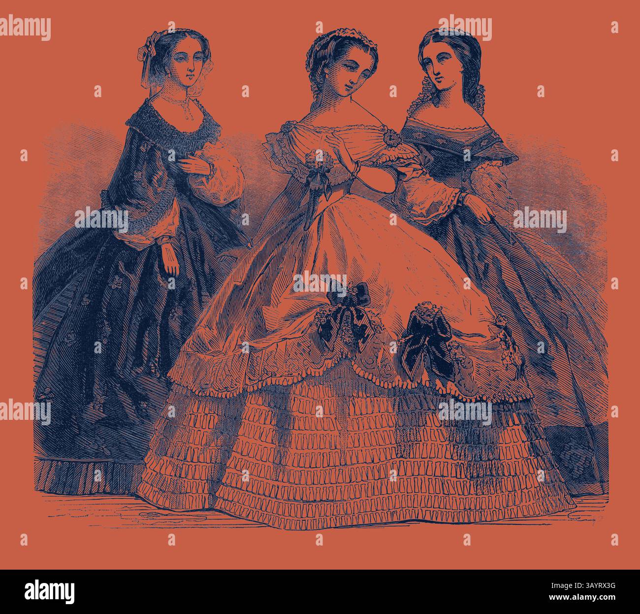 Tre donne elegantemente vestite mettono in mostra la moda di un'epoca passata, ciascuna con un abito esclusivo impreziosito da dettagli e accessori intricati che incarnano gli stili del loro tempo. Paris Fashions per l'arte classica di febbraio con un tocco moderno reinventato da Artotop Foto Stock