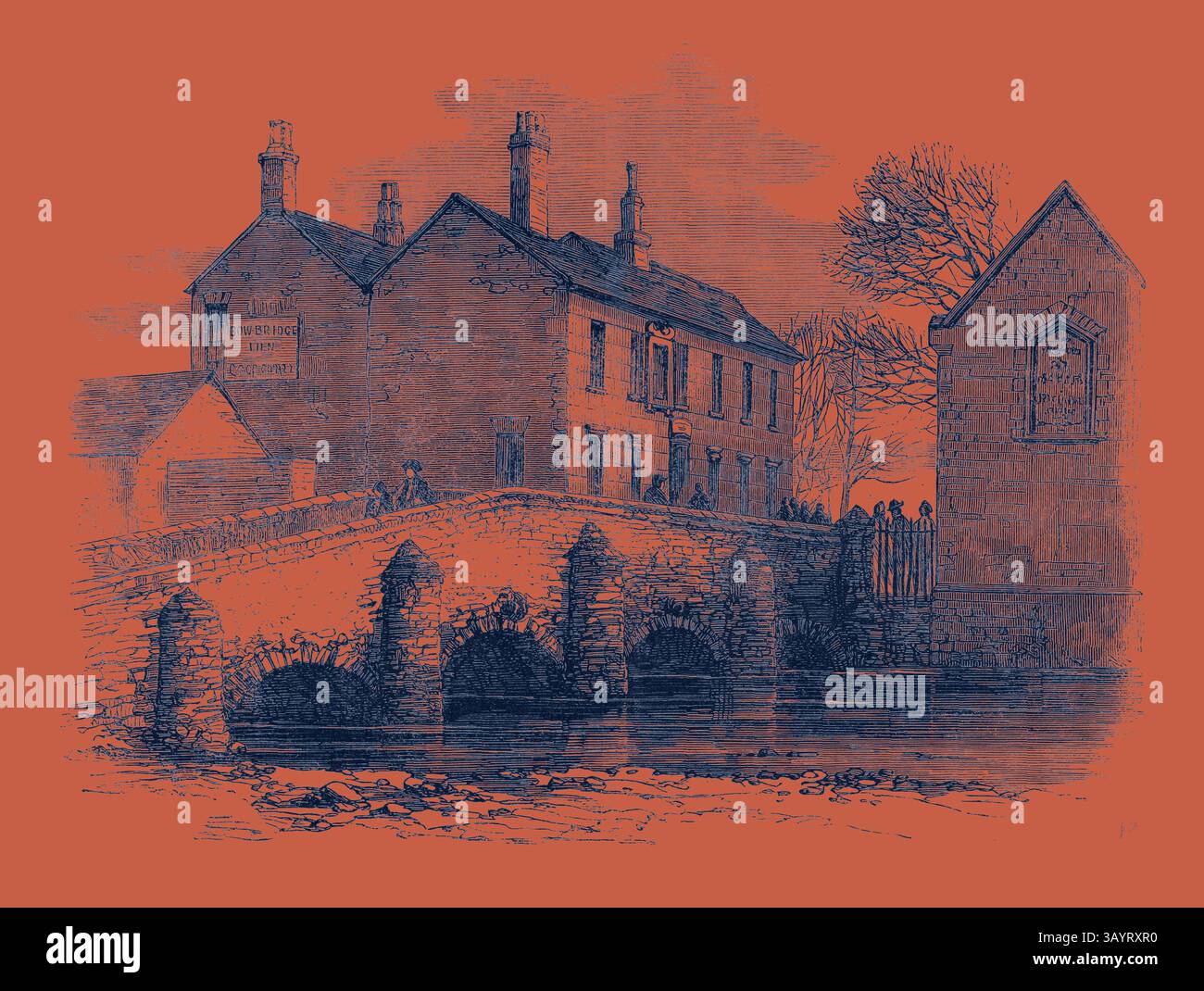 Un pittoresco ponte in pietra conduce su un fiume calmo, incorniciato da edifici affascinanti con dettagli architettonici. Gli alberi si stagliano sullo sfondo, aggiungendo un'atmosfera serena alla scena. L'Old Bow Bridge Leicester Classic art con un tocco moderno reinventato da Artotop Foto Stock