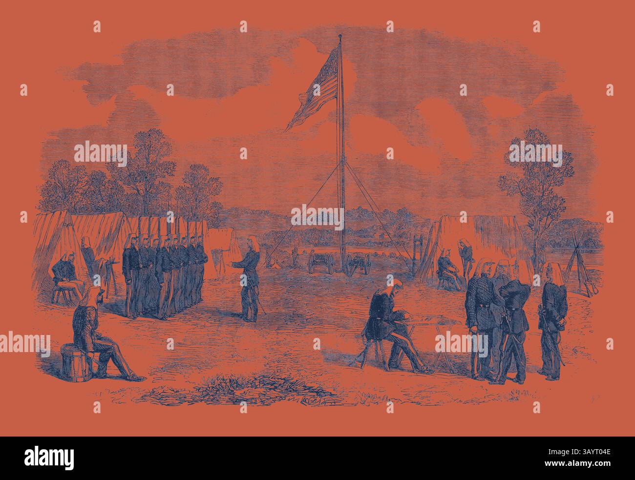 Una scena storica che raffigura un campo militare, con soldati in formazione, un palo con la bandiera americana e tende disposte sullo sfondo, circondate da alberi e terreni aperti. La guerra civile in America: Il mio quartier generale nel campo del 2nd New York Regiment arte classica con un tocco moderno reinventato da Artotop Foto Stock