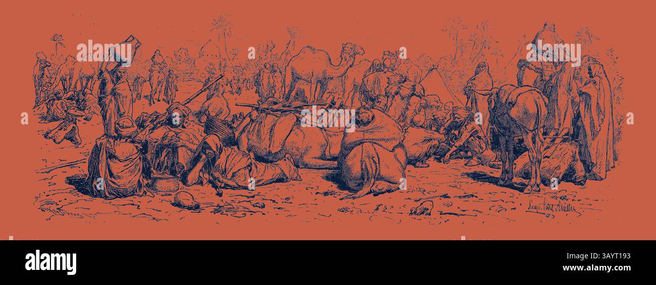 Una vivace scena di commercianti e viaggiatori riuniti in un paesaggio desertico, con cammelli e branchi carichi tra una folla di figure in abbigliamento tradizionale, che raffigurano la vivace vita di un mercato storico. Pellegrini. Egitto, incisione 1879 arte classica con un tocco moderno reinventata da Artotop Foto Stock