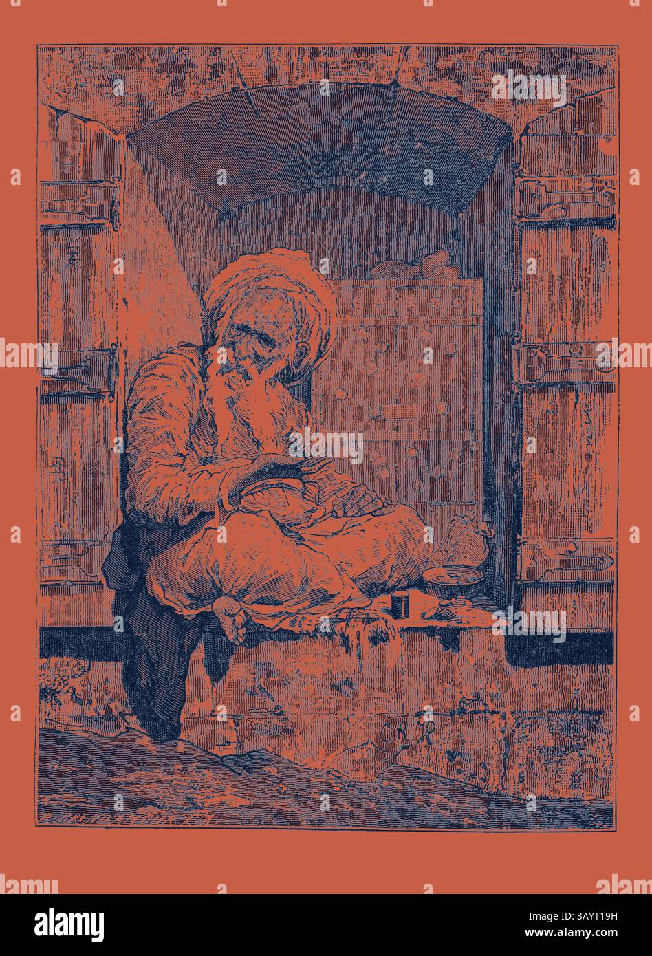 Una figura anziana si siede a gambe incrociate in una piccola alcova, profondamente impegnata nella lettura di un libro. Con una lunga barba e un abbigliamento tradizionale, la persona trasuda saggezza e solitudine, circondata dalla pietra testurizzata dell'alcova. I toni caldi creano un'atmosfera intima, mettendo in risalto la concentrazione e la tranquillità della scena. CAMBIAVALUTE EBREE. Egitto, incisione 1879 arte classica con un tocco moderno reinventata da Artotop Foto Stock