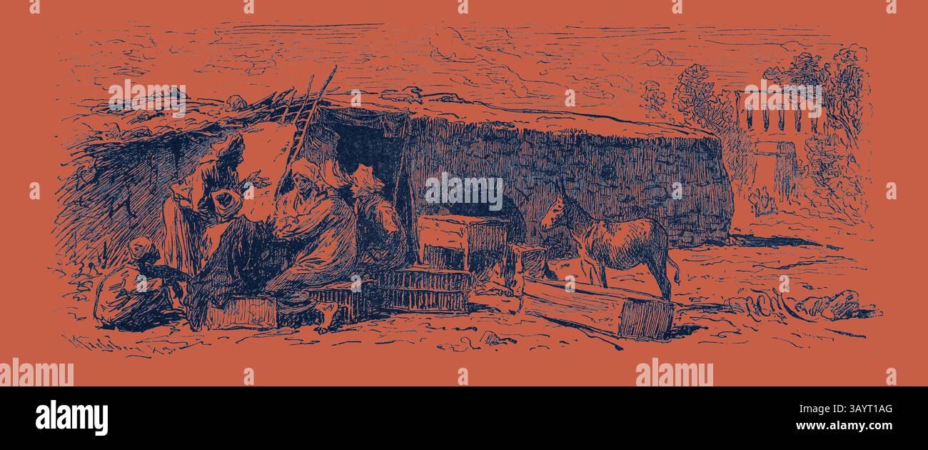 Un gruppo di persone si riunisce intorno a un rifugio improvvisato, impegnato in varie attività. Alcuni sembrano smistare le provviste, mentre un cavallo si trova nelle vicinanze, aggiungendo alla scena rustica. Sullo sfondo, le strutture suggeriscono un ambiente antico o storico, esaltando l'atmosfera cupa. SPACCIO DI FARINA A BENI SUET. Egitto, incisione 1879 arte classica con un tocco moderno reinventata da Artotop Foto Stock
