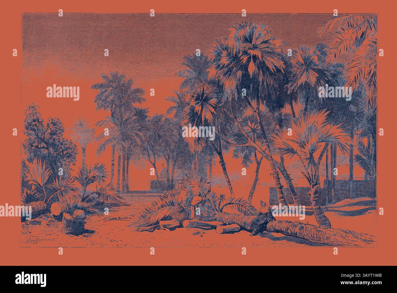 Un lussureggiante paesaggio tropicale pieno di palme e fogliame, caratterizzato da un percorso tortuoso che invita all'esplorazione in un'atmosfera serena. La scena mescola dettagli intricati della natura con un tocco artistico, creando un ambiente tranquillo ed esotico. Palme da data e destino. Egitto, incisione 1879 arte classica con un tocco moderno reinventata da Artotop Foto Stock