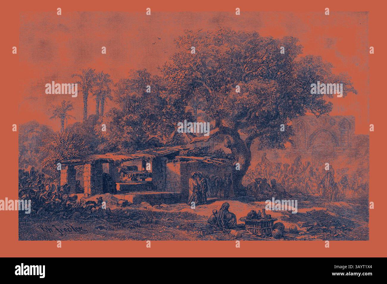 Un tranquillo paesaggio presenta un grande albero che fornisce ombra ad una modesta dimora. Le persone si radunano nelle vicinanze, impegnate in varie attività, mentre le sagome distanti di palme e un arco aggiungono profondità alla scena. L'atmosfera generale evoca un senso di comunita' e tranquillita'. Prima del cancello. Egitto, incisione 1879 arte classica con un tocco moderno reinventata da Artotop Foto Stock
