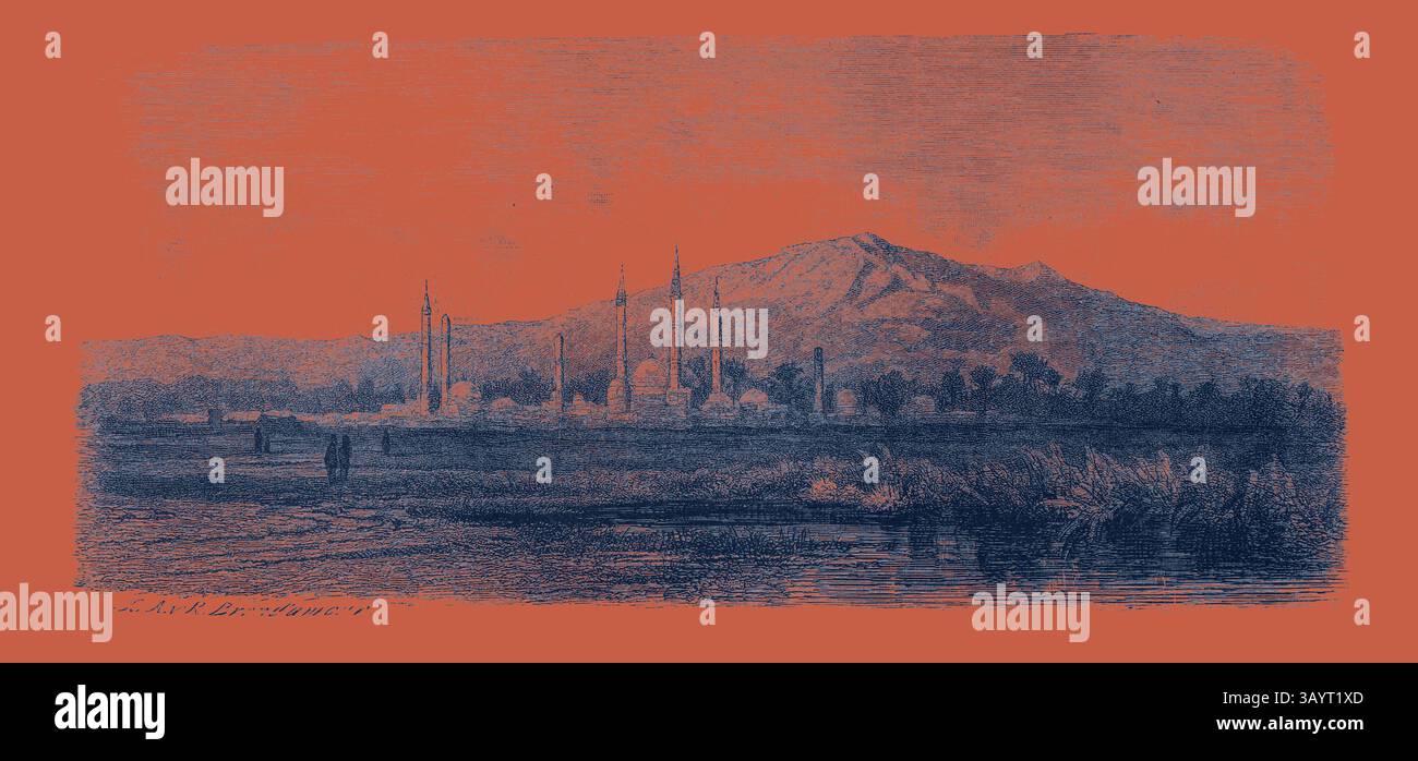 Un tranquillo paesaggio caratterizzato da uno sfondo montuoso con diversi minareti che si innalzano in primo piano. Le figure sagomate lungo il bordo dell'acqua aggiungono un senso di grandezza e tranquillità alla scena. STOUT. Egitto, incisione 1879 arte classica con un tocco moderno reinventata da Artotop Foto Stock