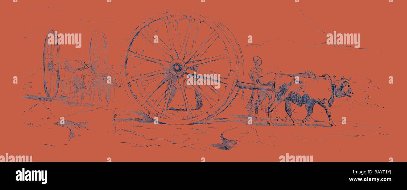 Una persona guida un carro trainato da mucche con grandi ruote di legno, adagiato su un paesaggio aspro, evocando un senso di vita rurale storica. TRASPORTO DI PIETRA. Egitto, incisione 1879 arte classica con un tocco moderno reinventata da Artotop Foto Stock
