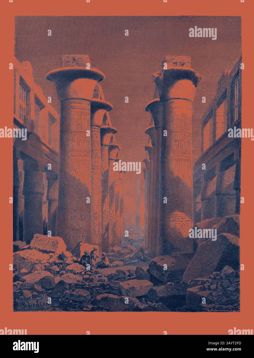 Antichi pilastri sorgono maestosamente in un tempio abbandonato da tempo, circondato da pietre e detriti sbriciolati, evocando un senso di grandezza e mistero di una civiltà dimenticata. LA GRANDE SALA DEI PILASTRI A KARNAK. Egitto, incisione 1879 arte classica con un tocco moderno reinventata da Artotop Foto Stock