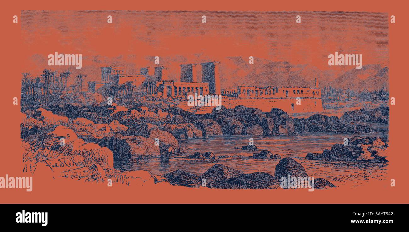 Un paesaggio storico caratterizzato da antiche strutture lungo un fiume, incorniciato da terreni rocciosi e montagne lontane, che evocano un senso di intramontabilità ed esplorazione. FILE. Egitto, incisione 1879 arte classica con un tocco moderno reinventata da Artotop Foto Stock