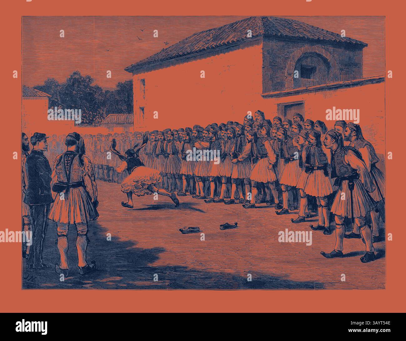 Un gruppo di individui in abbigliamento tradizionale osserva un esecutore che mostra una danza o uno spettacolo teatrale in un ambiente storico, con un edificio rustico sullo sfondo. Gli spettatori mostrano un mix di curiosità e apprezzamento mentre si riuniscono intorno alla vivace scena. Il nostro artista con i greci: Sport in caserma, Atene, Grecia arte classica con un tocco moderno reinventato da Artotop Foto Stock