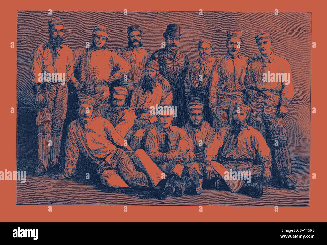 Una squadra di cricket vintage posa per un ritratto di gruppo, mostrando le loro uniformi e cappelli distintivi. I giocatori si alzano e si siedono, trasudando un senso di cameratismo e spirito di un'epoca passata. L'Australian Cricket Team, J. Conway (Manager) A. Bannerman Classic art con un tocco moderno reinventato da Artotop Foto Stock