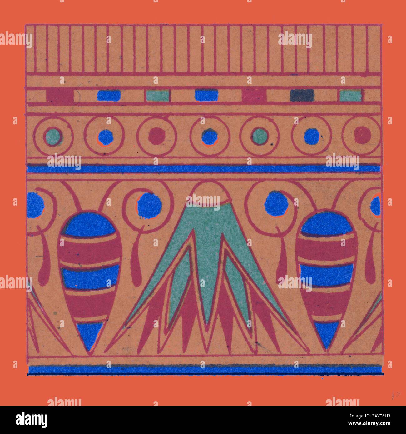 Un motivo vibrante che mostra forme geometriche ed elementi stilizzati, con colori audaci e disegni complessi, che ricordano le antiche tradizioni artistiche. Ornamento egiziano arte classica con un tocco moderno reinventato da Artotop Foto Stock