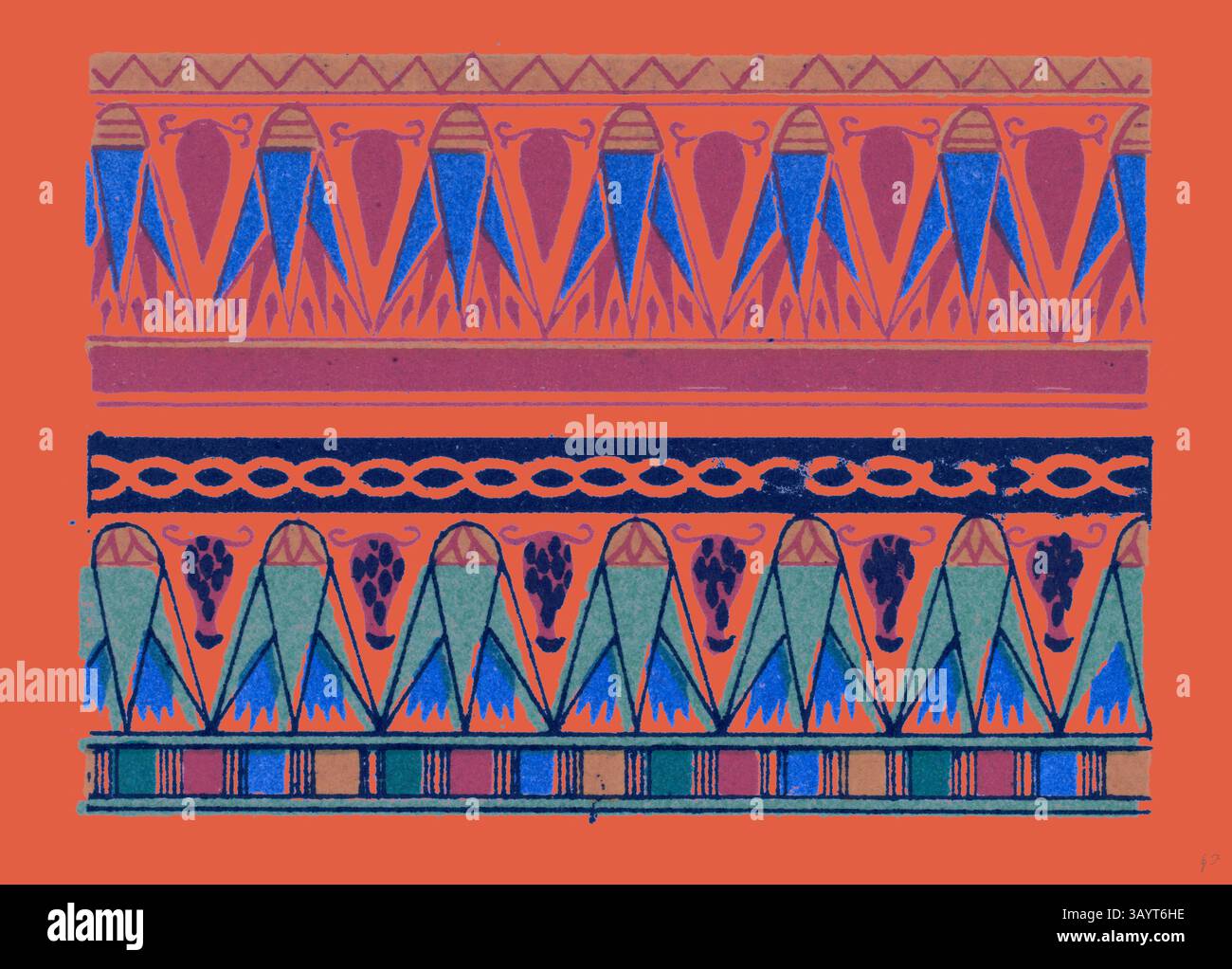 Una vivace visualizzazione di forme e modelli geometrici presenta colori audaci e design complessi, combinando elementi come triangoli, viti e linee fluide, creando una composizione dinamica e visivamente sorprendente. Ornamento egiziano arte classica con un tocco moderno reinventato da Artotop Foto Stock