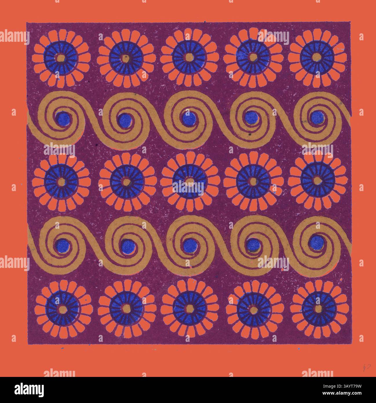 Un design vivace caratterizzato da motivi alternati di linee vorticose e motivi floreali, con colori audaci che creano un'interazione dinamica tra forme geometriche e forme organiche. Ornamento egiziano arte classica con un tocco moderno reinventato da Artotop Foto Stock