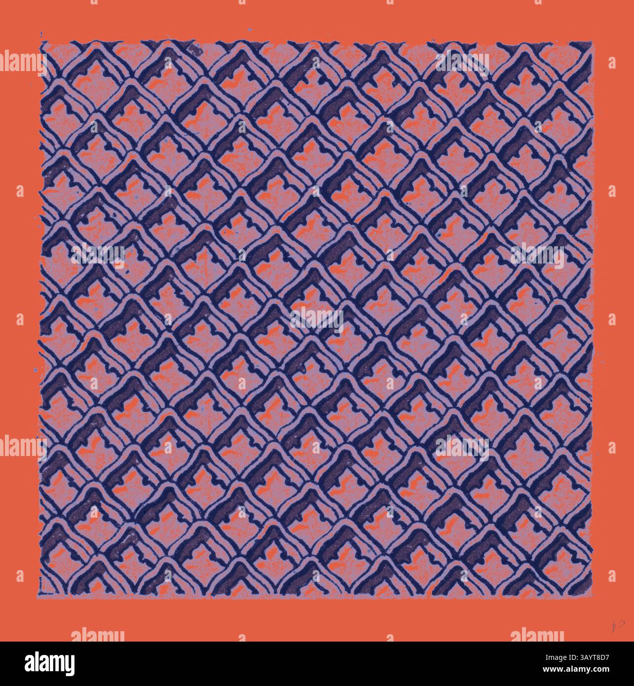 Un sorprendente motivo geometrico caratterizzato da forme a rombo intrecciate in blu intenso e corallo vibrante, che crea un contrasto accattivante con un design complesso che attira l'attenzione. Ornamento classico assiro e persiano con un tocco moderno reinventato da Artotop Foto Stock