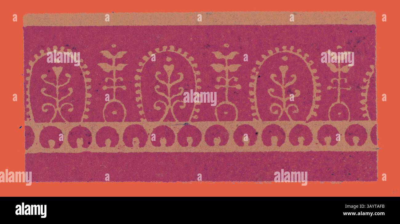 Un design complesso con motivi floreali simmetrici, su uno sfondo vibrante. Gli elementi ricorrenti includono piante stilizzate e cerchi decorativi, che mostrano una miscela di arte e armonia. Arte classica degli ornamenti di Pompei con un tocco moderno reinventata da Artotop Foto Stock