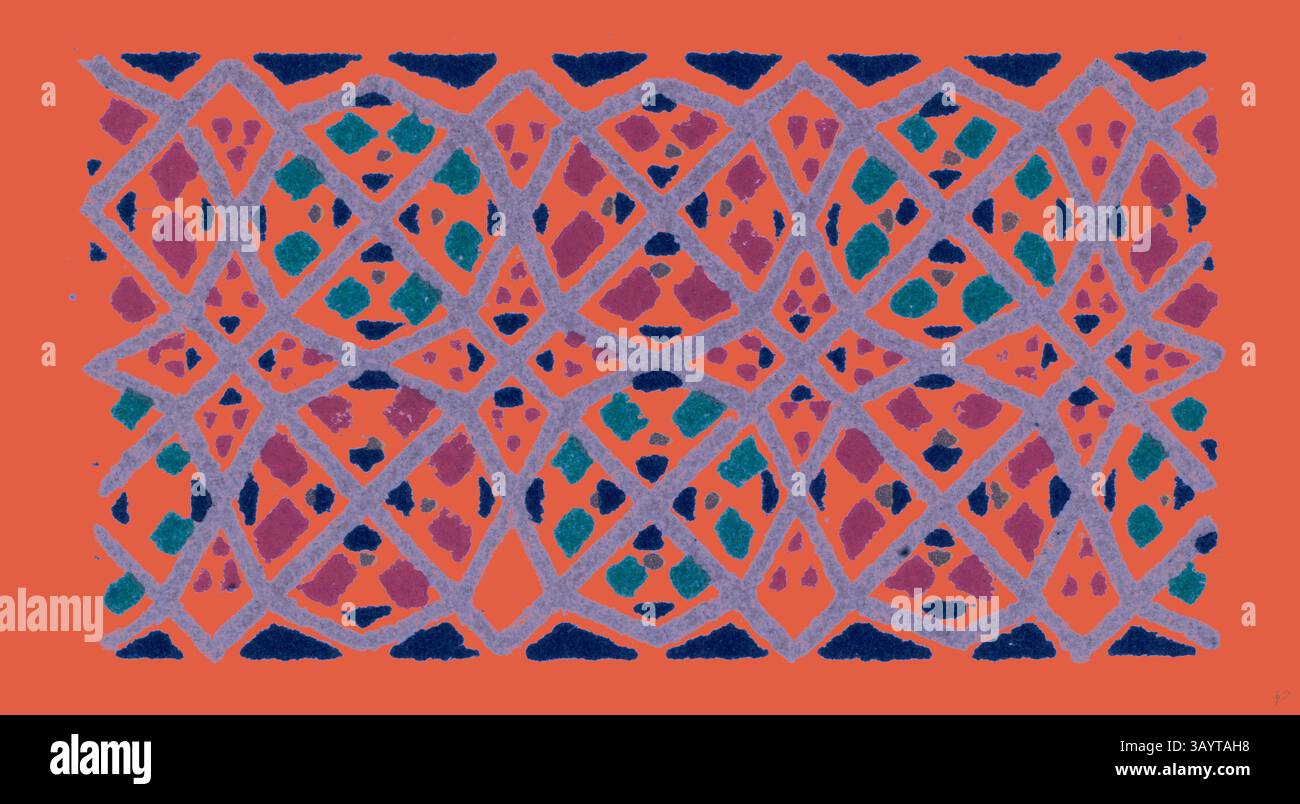Un vivace motivo geometrico caratterizzato da intricate forme di diamante e forme organiche, intervallate da vari colori su uno sfondo a contrasto, creando un effetto visivo vivace e dinamico. Decorazione bizantina arte classica con un tocco moderno reinventata da Artotop Foto Stock