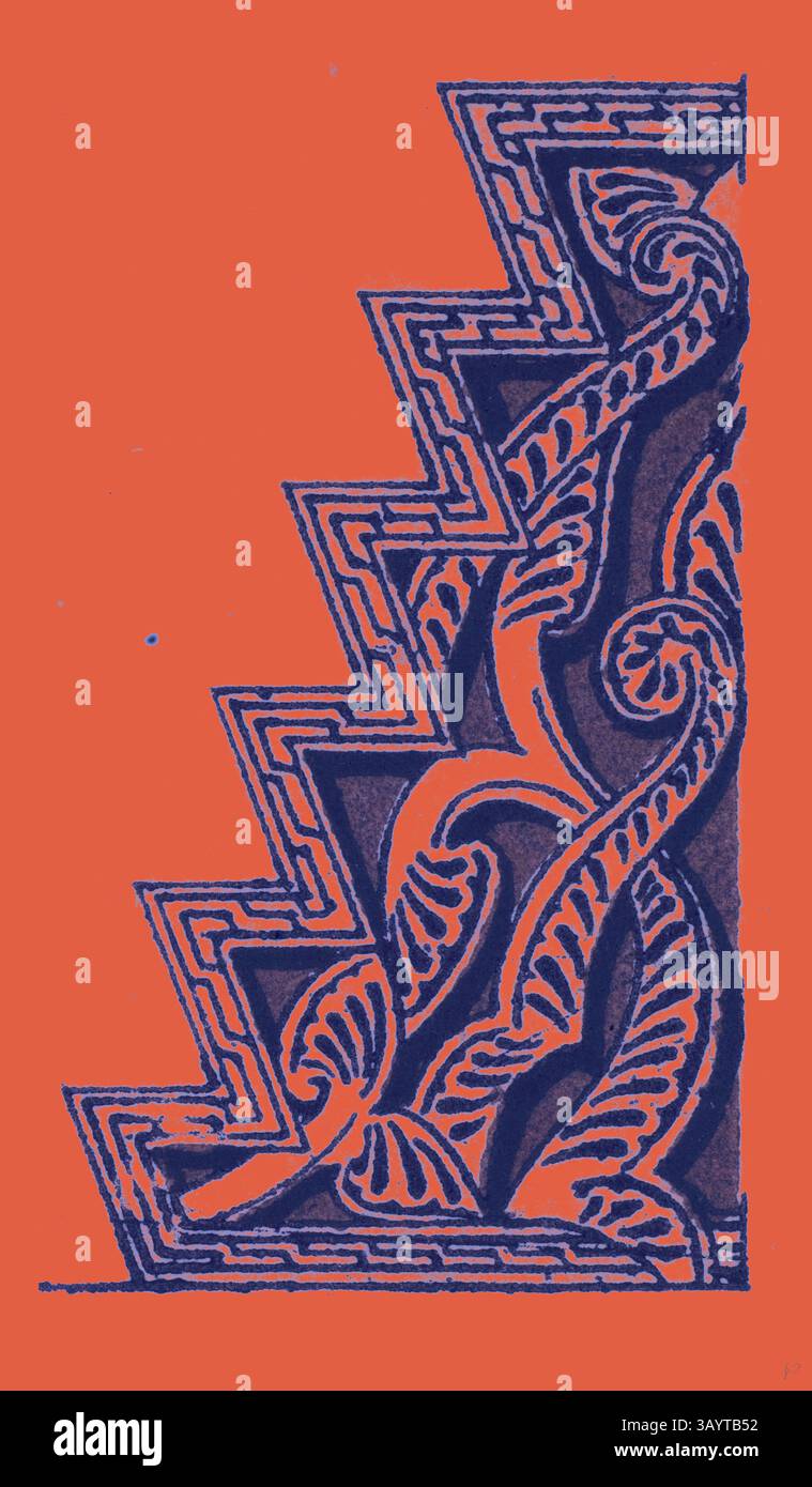 Un design intricato caratterizzato da motivi a zigzag intrecciati a forme fluide e organiche, il tutto su uno sfondo arancione vivace. Decorazioni arabe in stile classico con un tocco moderno reinventato da Artotop Foto Stock