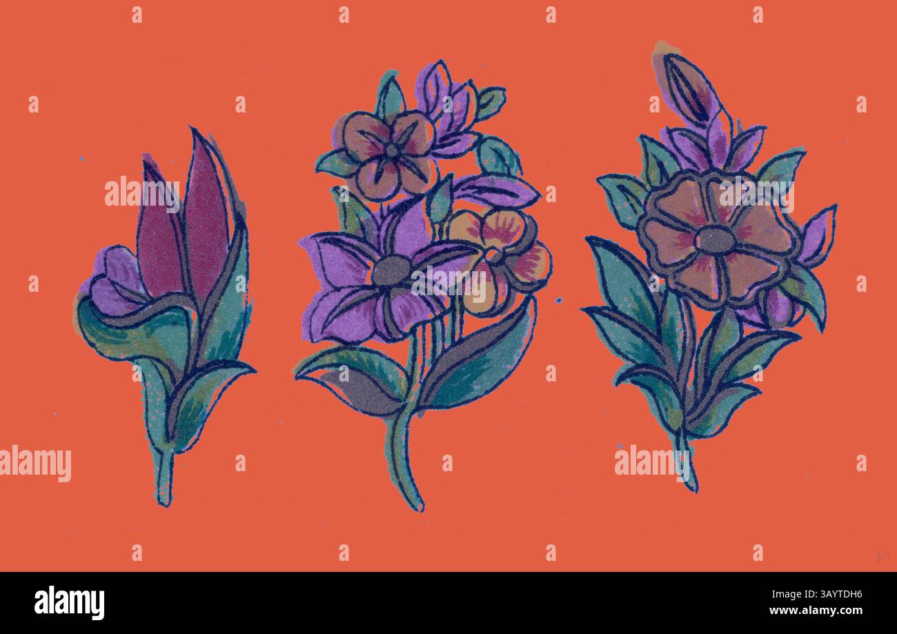 Un trio di vivaci illustrazioni floreali, con un mix di fiori colorati e steli frondosi, disposti su un caldo sfondo. Ogni fiore è progettato in modo unico, mostrando le sue forme e sfumature individuali. Decorazioni persiane arte classica con un tocco moderno reinventata da Artotop Foto Stock