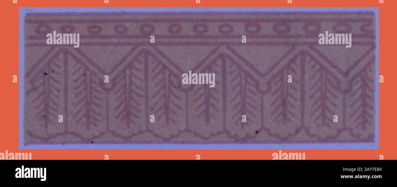 Un bordo decorativo caratterizzato da un motivo ripetuto di foglie allungate e motivi circolari, che mostrano dettagli e simmetria intricati. Ornamento indiano arte classica con un tocco moderno reinventato da Artotop Foto Stock