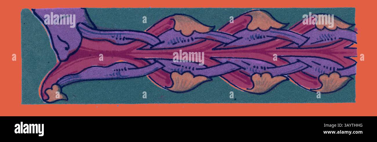 Un'illustrazione stilizzata che raffigura una struttura fluida e simile a un nastro adornata da curve stravaganti e colori vivaci, caratterizzata da elementi intervallati che ricordano le teste degli animali, creando un senso di movimento e ritmo. Mediæval decorazione classica con un tocco moderno reinventata da Artotop Foto Stock