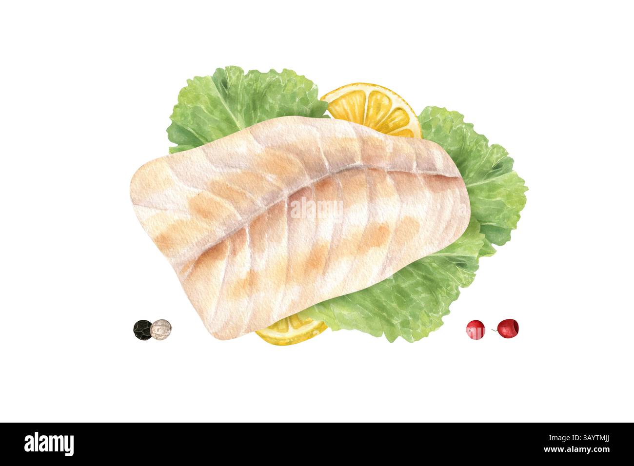 Filetto di pesce bianco al vapore su foglie di insalata di lattuga verde e con fetta di limone, peperoni neri, sfondo isolato. Foto Stock